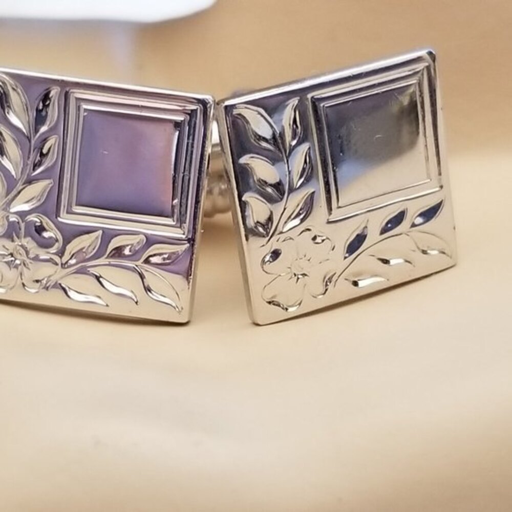 Vintage Silver Tone Square Leaf Cufflinks Classic… - image 5